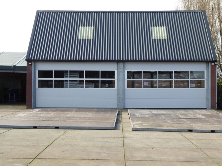 Metal roof and doors on an industrial building exterior